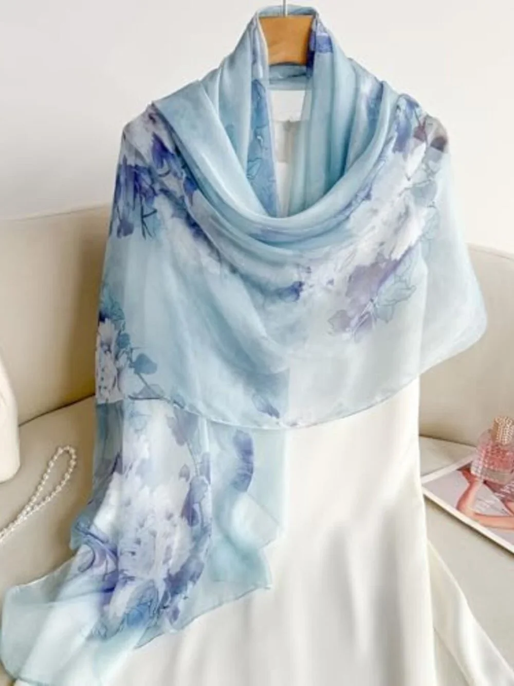 Luxurious 100% Mulberry Silk Floral Scarf, Lightweight 69'' x 43'' Shawl Wrap